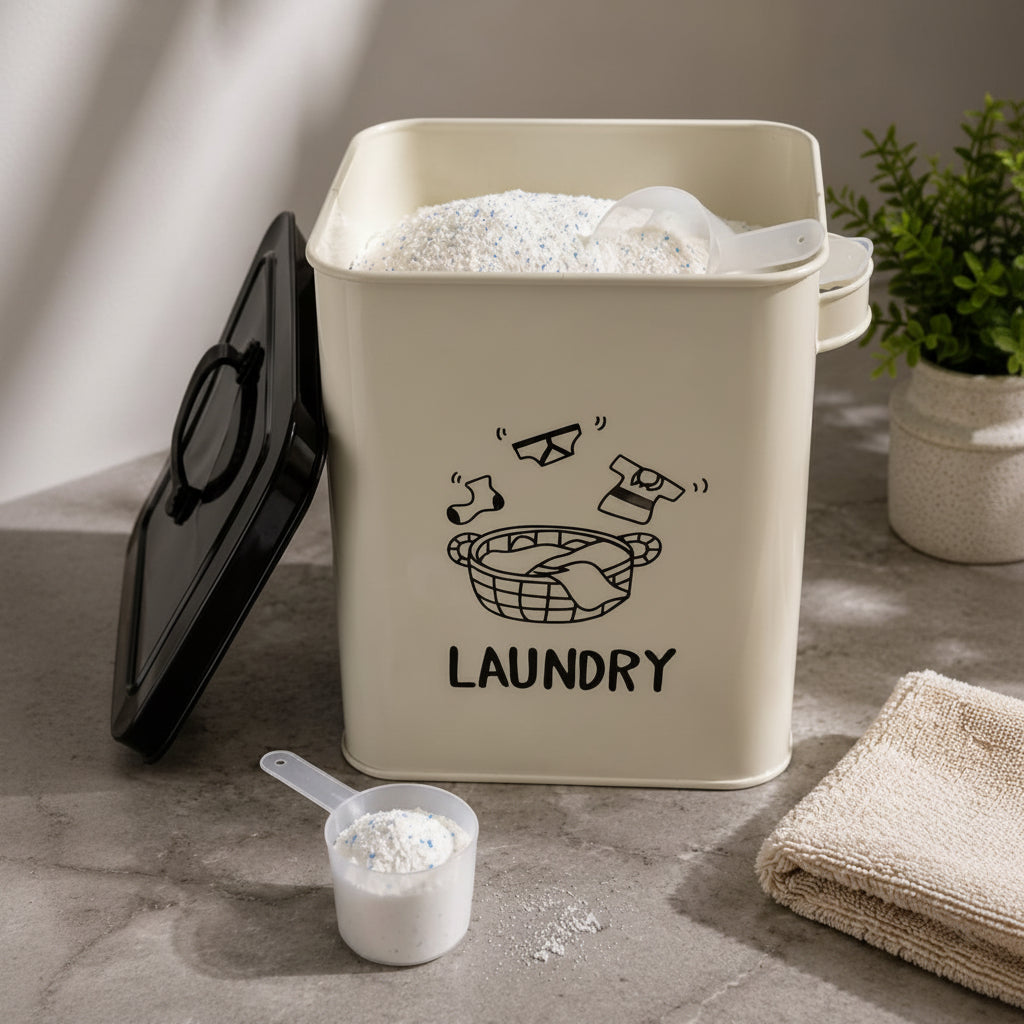 White laundry storage tin with airtight lid scoop and side handles 4kg alloy detergent storage container for laundry room organisation and detergent storage