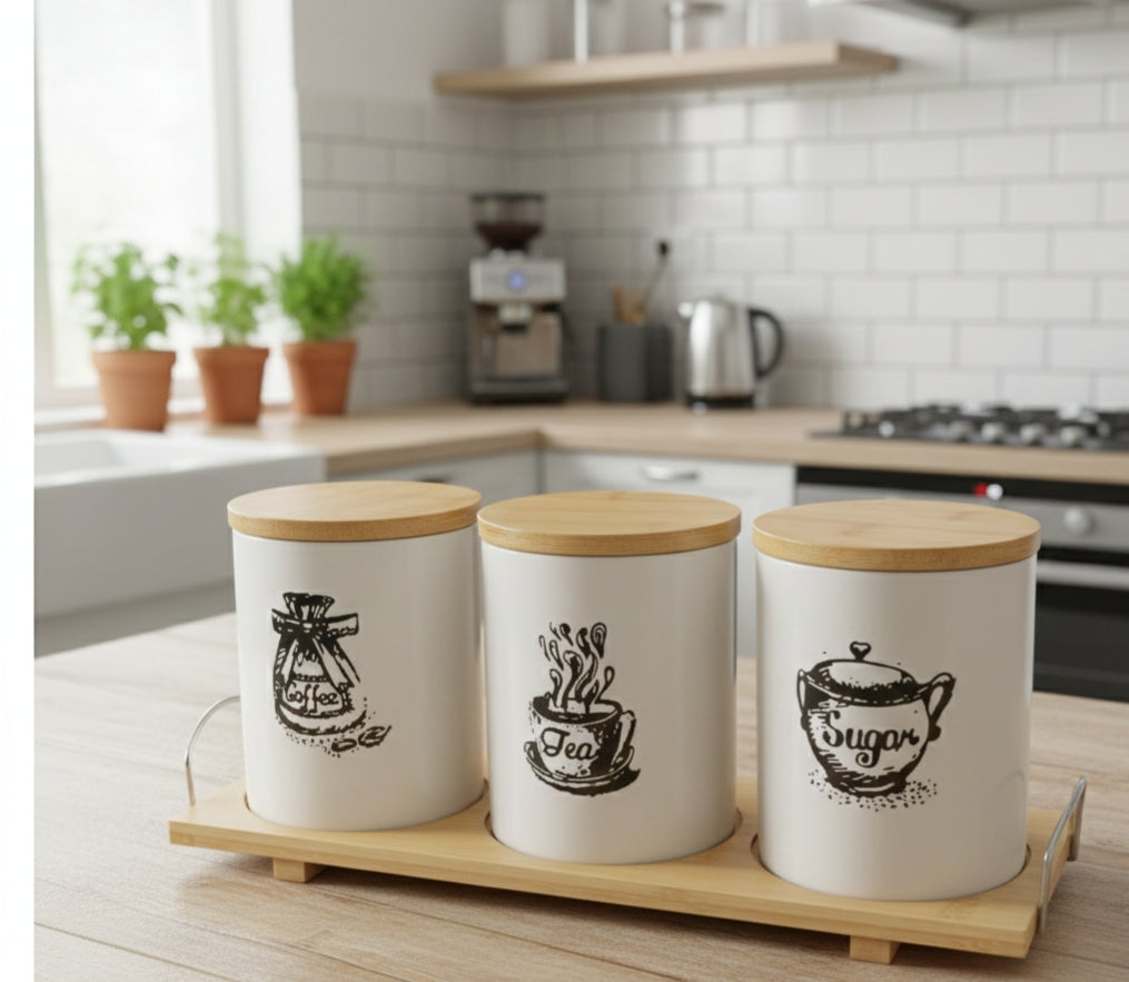 3pcs Ceramic Canisters Set With Bamboo Stand
