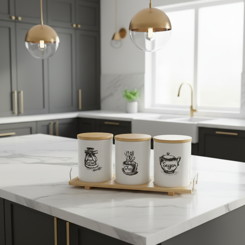 3pcs Ceramic Canisters Set With Bamboo Stand