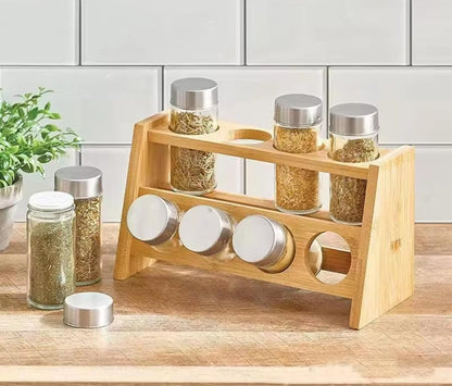 8 Piece Spice Jar Set With Wooden Rack – 100 ml Glass Jars