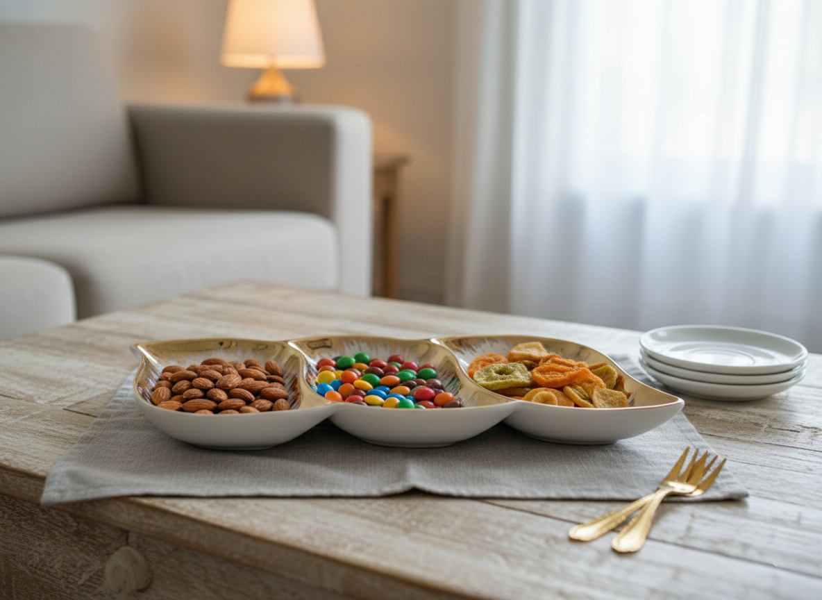 Three-partition snack and fruit serving platter.