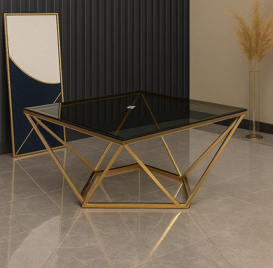 Gold geometric glass coffee table with diamond frame design