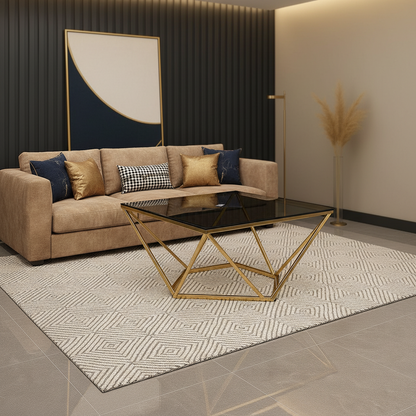 Geometric Gold-Framed Diamond Design Glass Coffee Table