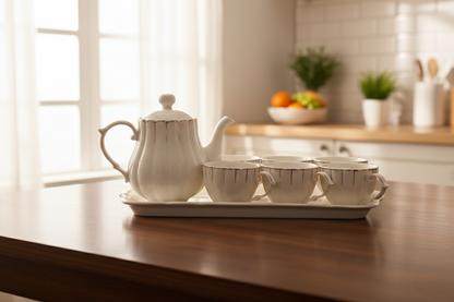 Ceramic cup set with six 250ml cups, tray, and kettle