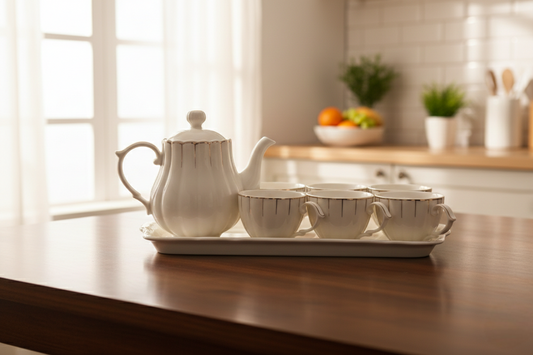 Ceramic cup set with six 250ml cups, tray, and kettle
