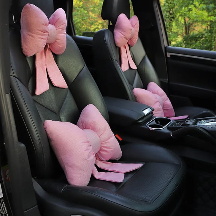 Luxury bow car seat cushion set, soft plush ergonomic cushions for comfort and stylish car interior décor in multiple colors.