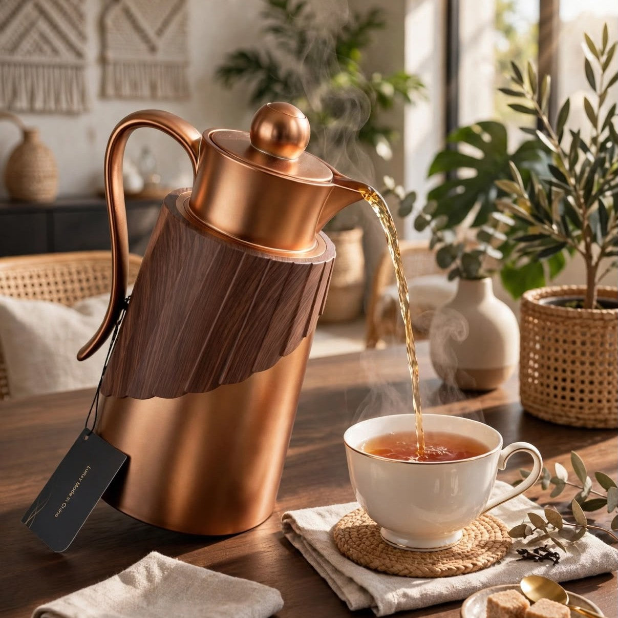 2 piece insulated flask set with 1 litre and 1.3 litre capacities, wood textured finish and rose gold steel detailing.