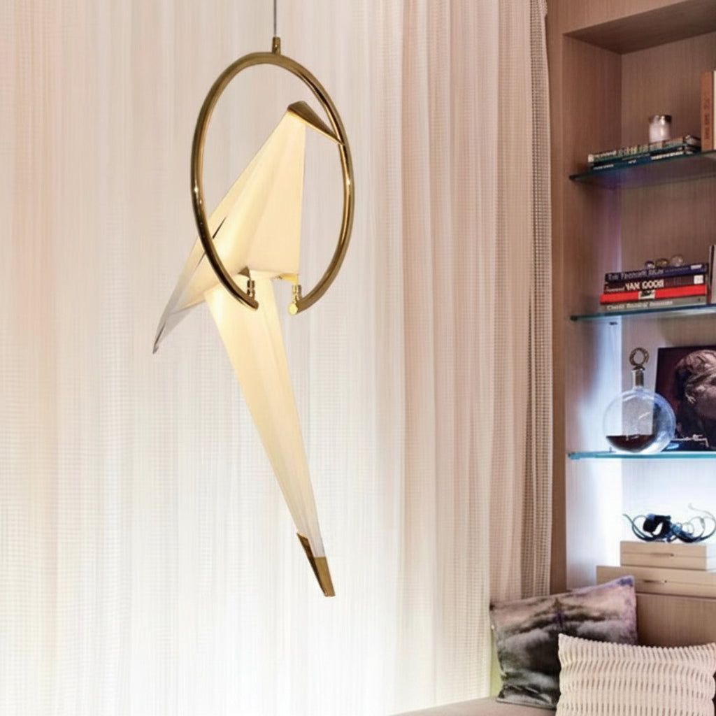 Dawood Lifestyle & Gadgets kes gold ring origami bird pendant lamp featuring a glowing geometric bird suspended inside a circular gold frame, modern luxury ceiling light for living rooms, dining rooms, bedrooms, and designer interiors.