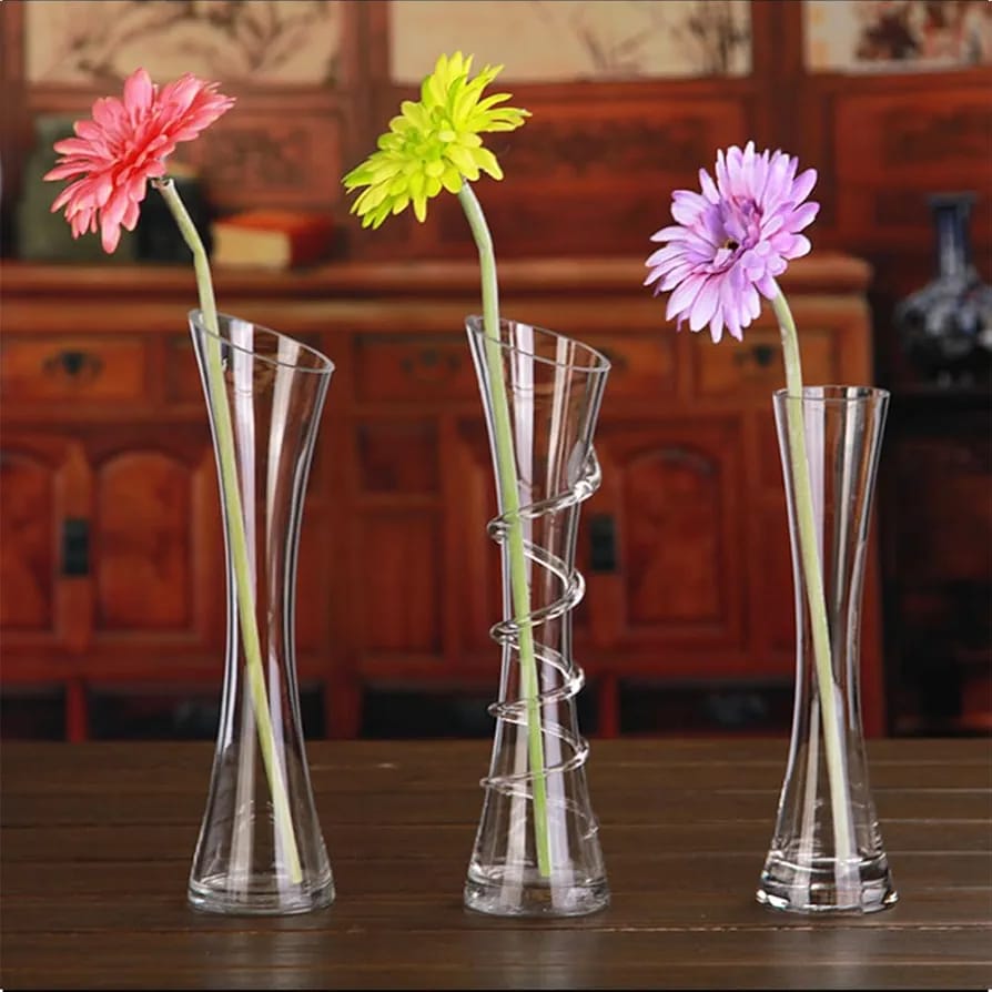3-Piece clear crystal stem vase set with varying shapes.