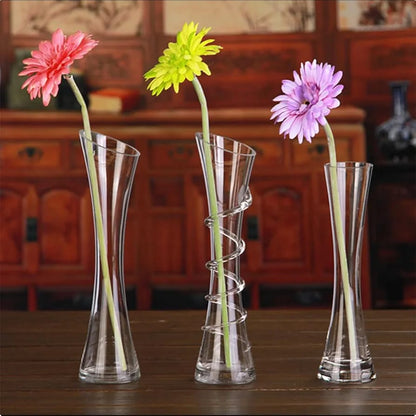 3-Piece clear crystal stem vase set with varying shapes.