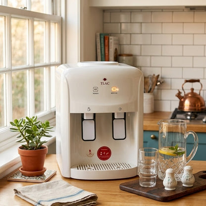 TLAC white tabletop water dispenser with hot and normal water taps for home and office use. 