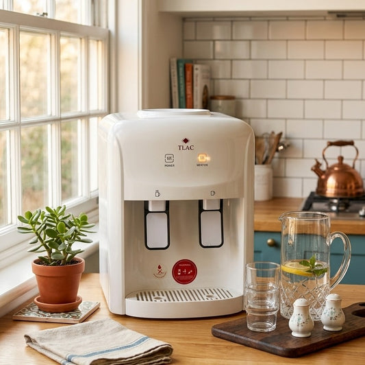TLAC white tabletop water dispenser with hot and normal water taps for home and office use. 