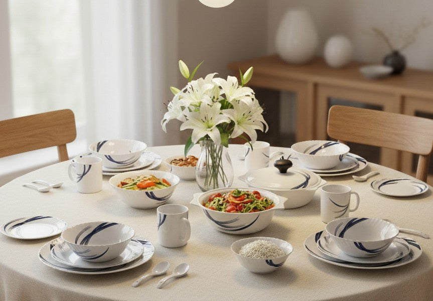 Borosil Deco 40 piece opal glass dinner set with Indigo Stella design
