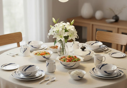 Borosil Deco 40 piece opal glass dinner set with Indigo Stella design