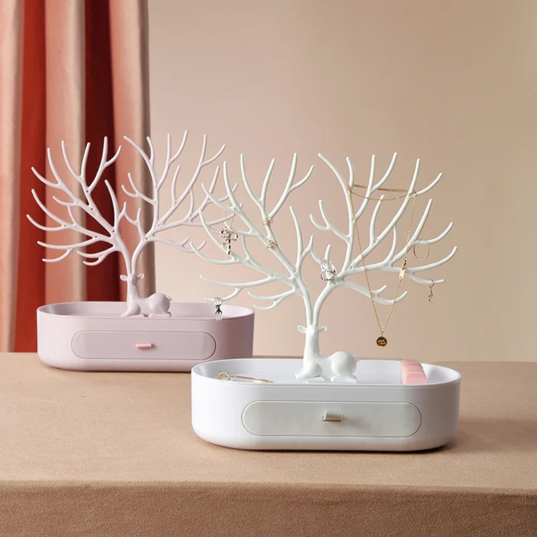 White antler jewelry stand with drawer, compact organizer for necklaces, earrings, rings, and accessories. 