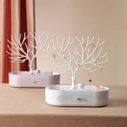 White antler jewelry stand with drawer, compact organizer for necklaces, earrings, rings, and accessories. 
