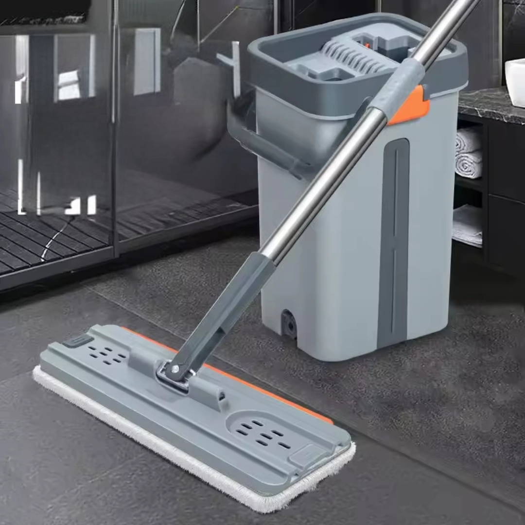 360-degree Rotating hands-free floor mop with durable handle.