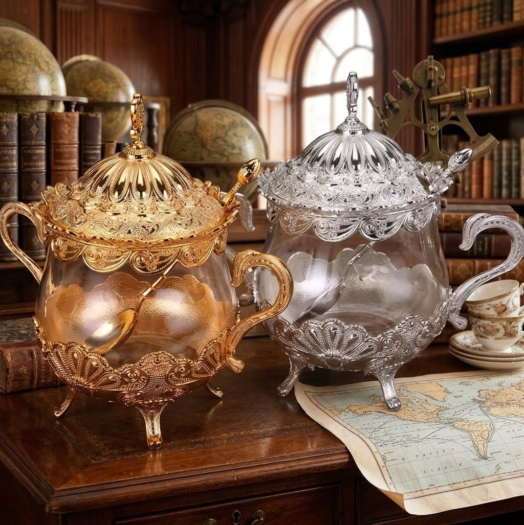 European style sugar dish with elegant silver and gold finish and 440g capacity for luxury table serving.