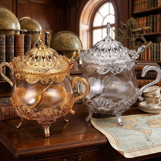 European style sugar dish with elegant silver and gold finish and 440g capacity for luxury table serving.