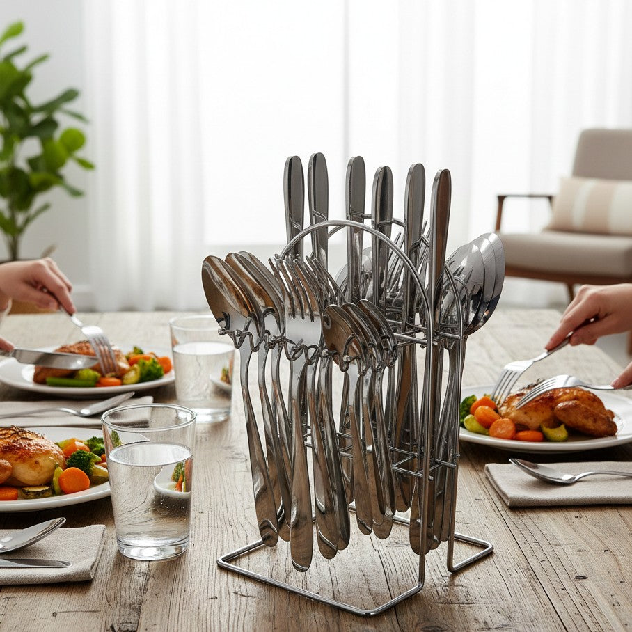 24-piece stainless steel cutlery set neatly arranged for dining use.