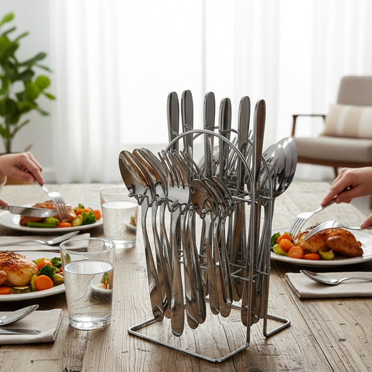24-piece stainless steel cutlery set neatly arranged for dining use.