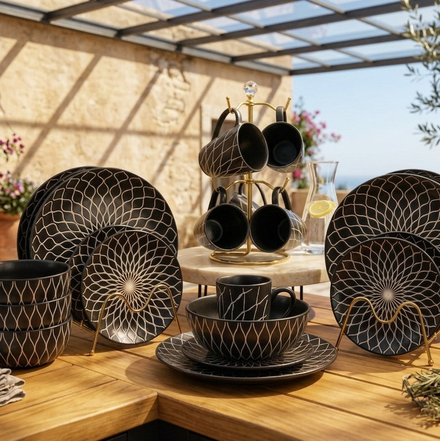 24pc Ceramic Dinner Set Black and White