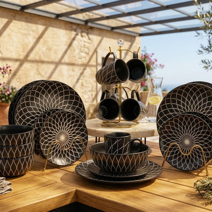 24pc Ceramic Dinner Set Black and White