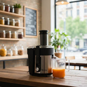 black and silver 2-speed juice extractor with stainless steel filter and 1.0l juice cup