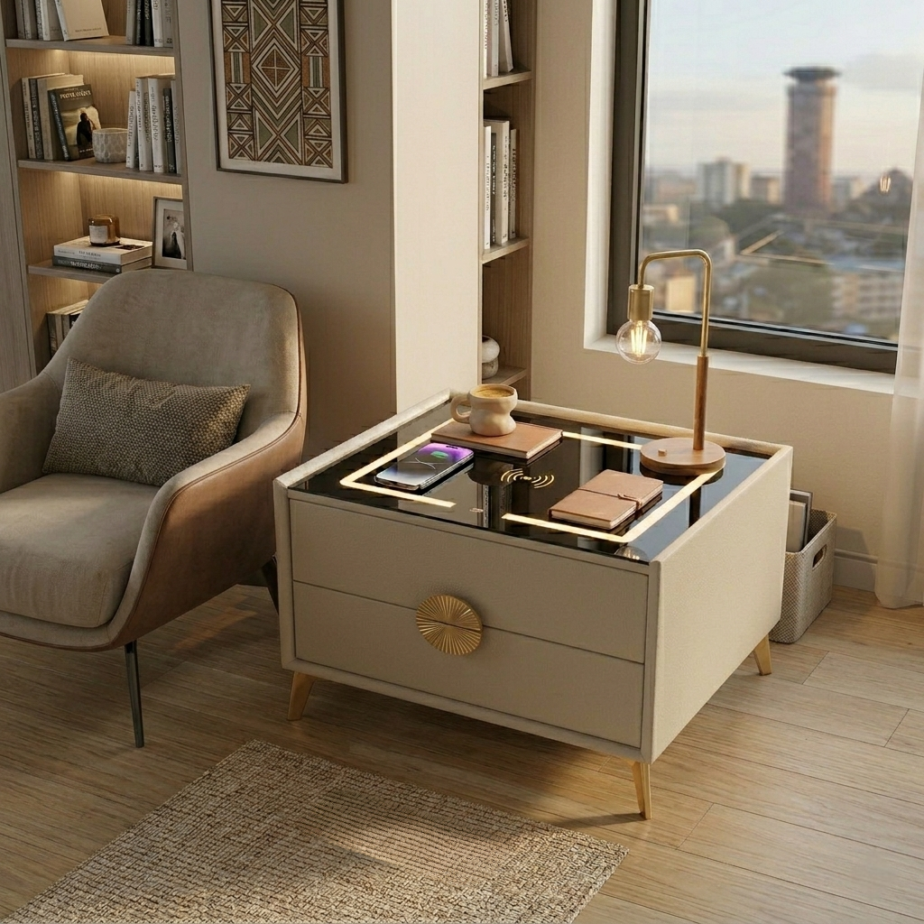 Bedside Nightstand with Wireless Charging and LED Lighting Glass Top