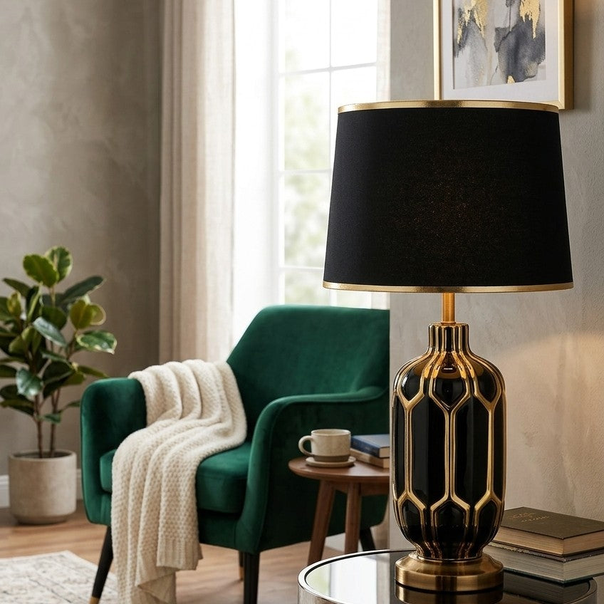 Ceramic Table Lamp with Gold Accents and Drum Shade