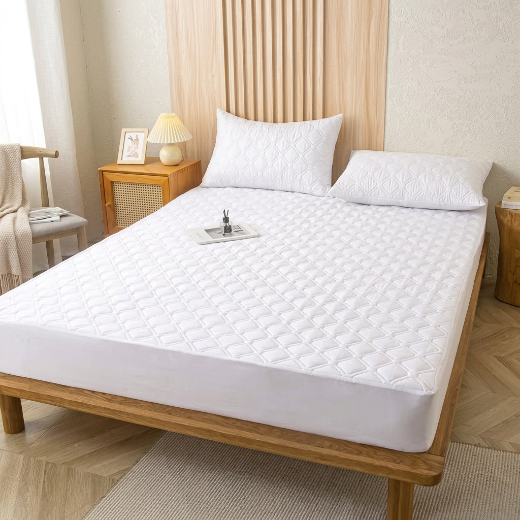 Quilted waterproof mattress protector for beds in 4by6, 5by6, and 6by6 sizes providing comfort and protection from spills and stains