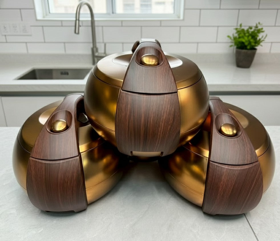 Forever Gold insulated hotpots in 5 colors, available in 4L, 5L, and 6L sizes.

