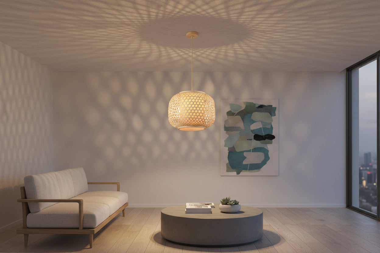 Wood color bamboo pendant light with E27 holder, adjustable hanging ceiling lamp for modern interior décor
