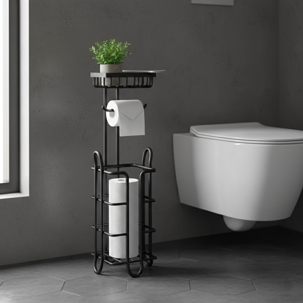 Freestanding heavy-duty toilet paper holder stand with top tray in black metal.