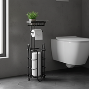Freestanding heavy-duty toilet paper holder stand with top tray in black metal.