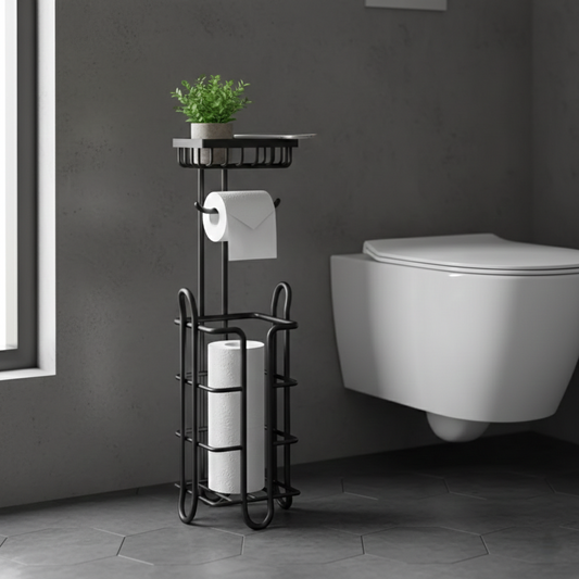 Freestanding heavy-duty toilet paper holder stand with top tray in black metal.