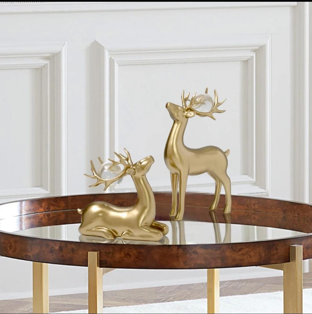 2Pc Nordic Golden Deer Resin Ornaments With Crystal Ball