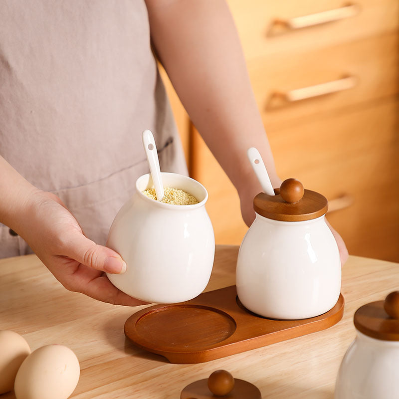 3Piece Ceramic Canister Set with Bamboo Base