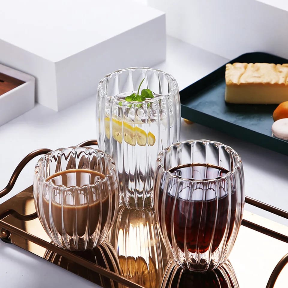 Stripe double-wall glass mug available in 450ml, 360ml, and 250ml for hot and cold beverages