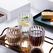 Stripe double-wall glass mug available in 450ml, 360ml, and 250ml for hot and cold beverages