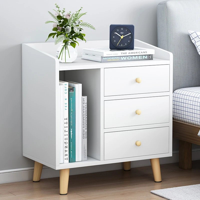 White Bedside Table with 3 Drawers and Open Shelf