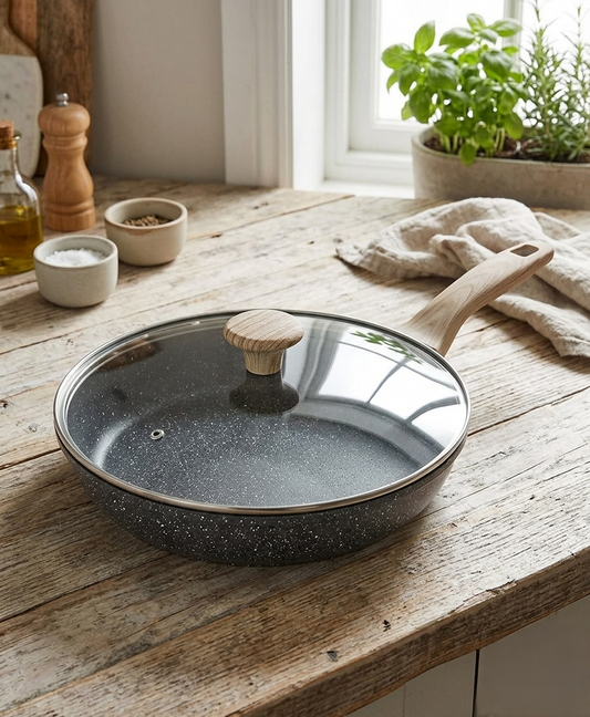 28cm Heavy-duty granite frying pan with wooden handle and 2.7-litre capacity