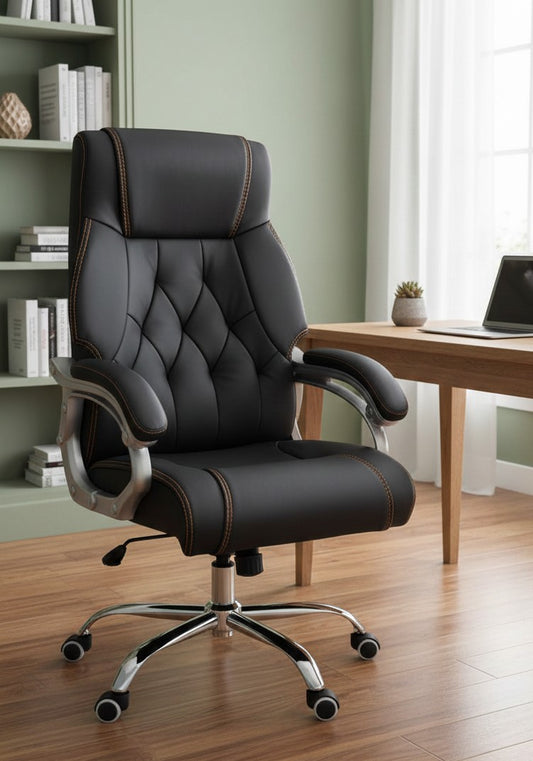 High back executive leather office chair with ergonomic support.