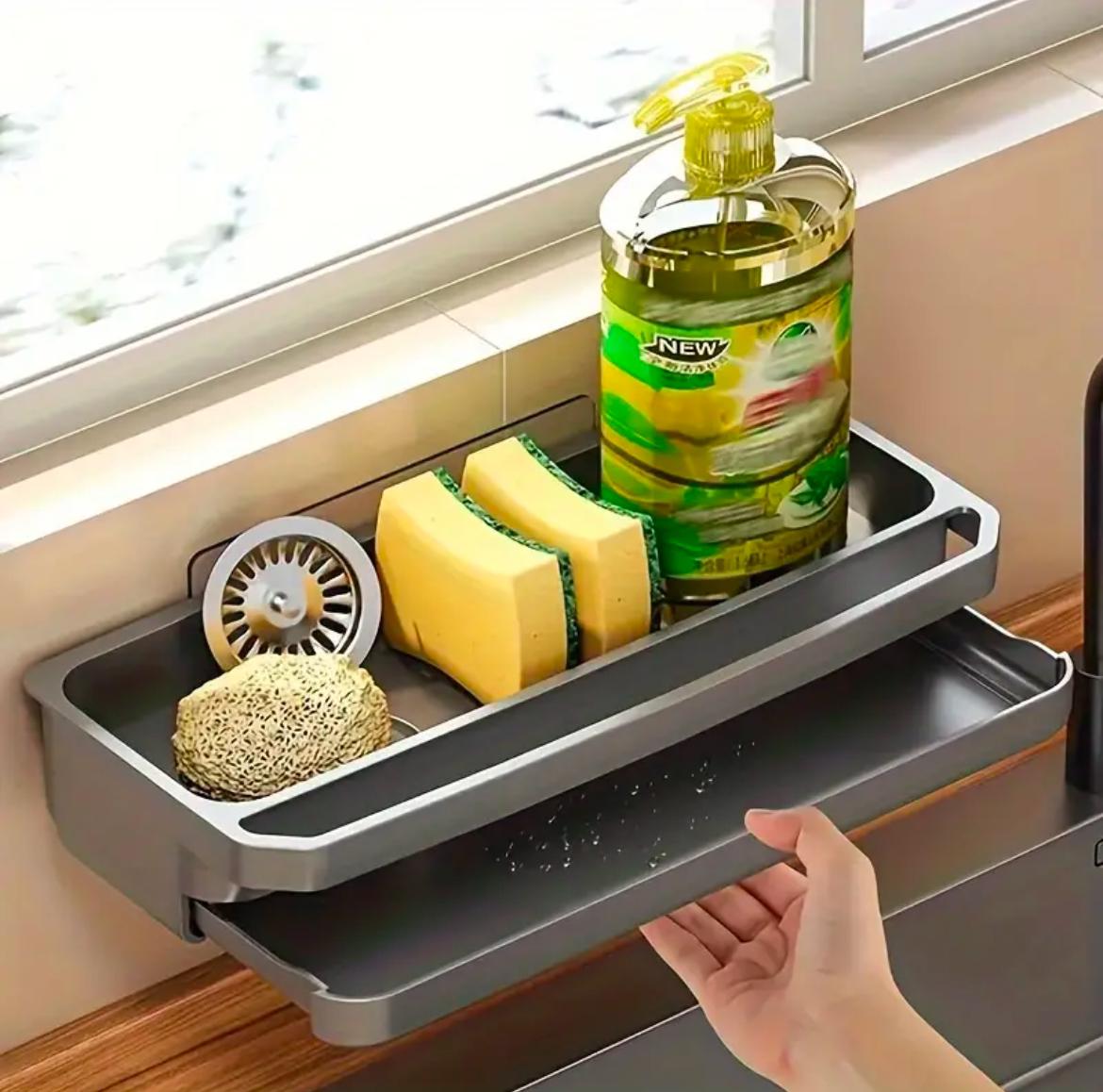 Wall mounted sink caddy organizer with drip tray.