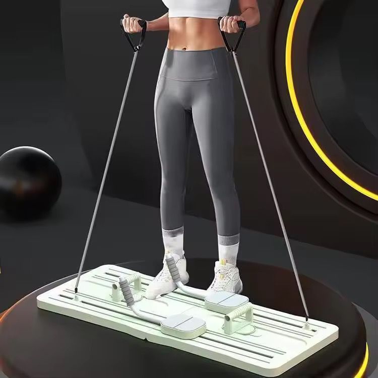 Multifunctional Pilates board with ab wheel, adjustable resistance, 100×41 cm, for core and full-body workouts