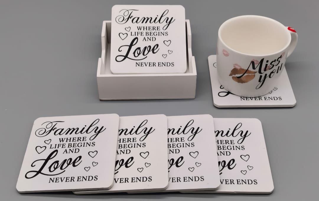 Wooden family write-up cup coaster set with six pieces and matching stand
