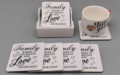Wooden family write-up cup coaster set with six pieces and matching stand