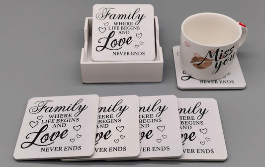 Wooden family write-up cup coaster set with six pieces and matching stand