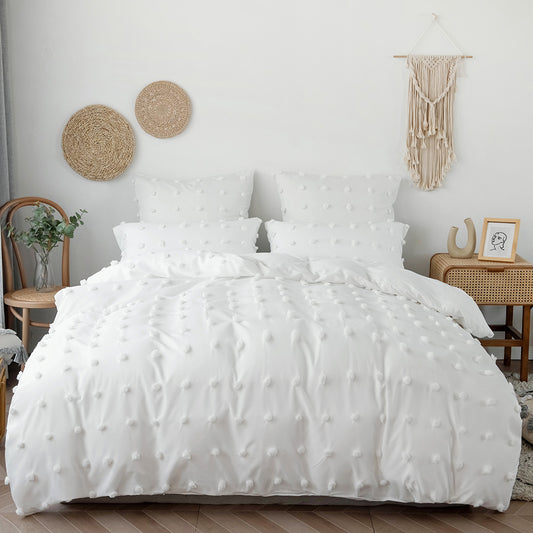 3 piece white duvet cover set with chic dot design, includes duvet cover and 2 pillowcases, size 7 by 8 feet