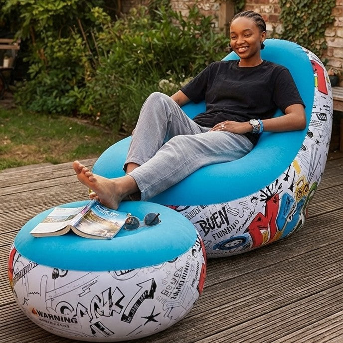 Inflatable Lazy Sofa with Footrest and Manual Pump